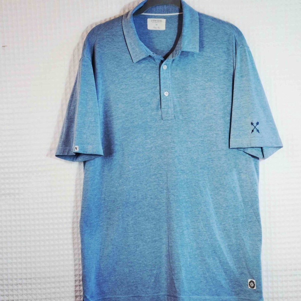 Linksoul Mens Polo Shirt Size M Blue Short Sleeve Golf Casual Tempus Fugit